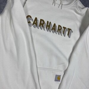 Carhartt Rain Defender Mens Loose Fit Hoodie Cream Ivory Graphic Logo Large